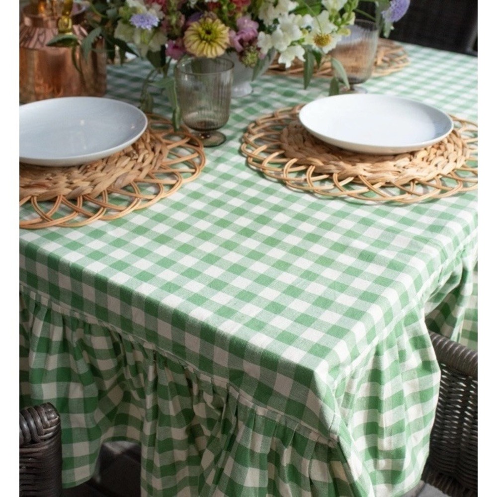 Galley & Fen Moss Gingham Ruffled Tablecloth 70" Round NWT Farmhouse Cotton